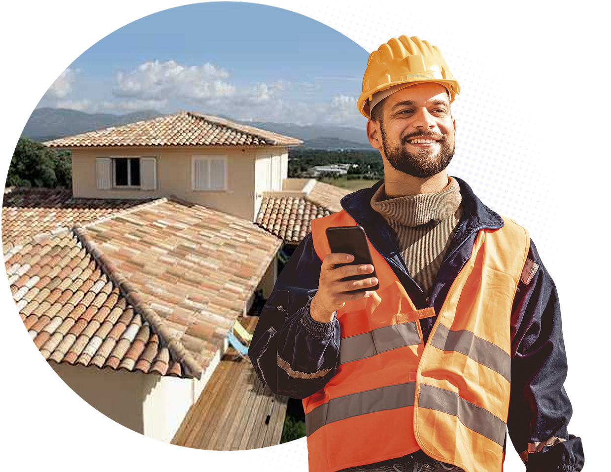 a man in front of a house with a phone