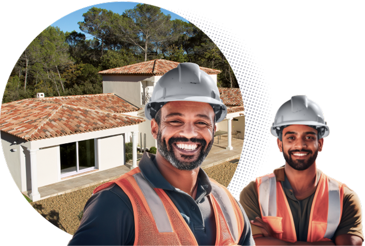 two men in front of a house
